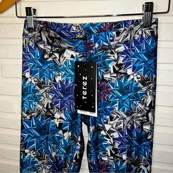 Terez Blue Silver Gift Wrap Bow Holiday Athletic Leggings, Women’s Size Small - Picture 5 of 8